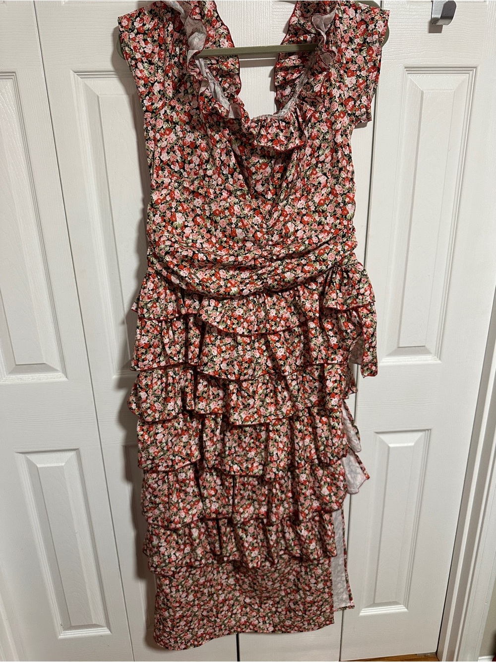 Tiered Floral Midi Dress in Pink and Red